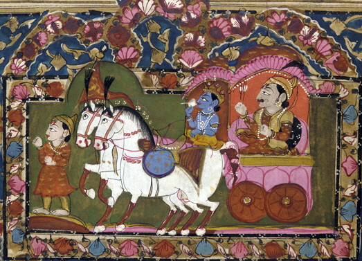 Krishna et Arjuna lors de la bataille de Kurukshetra (illustration des XVIIIe et XIXe siècles).